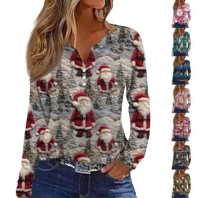 Женская модная повседневная футболка с V-образным вырезом, на пуговицах, с длинным рукавом, с рождественским принтом