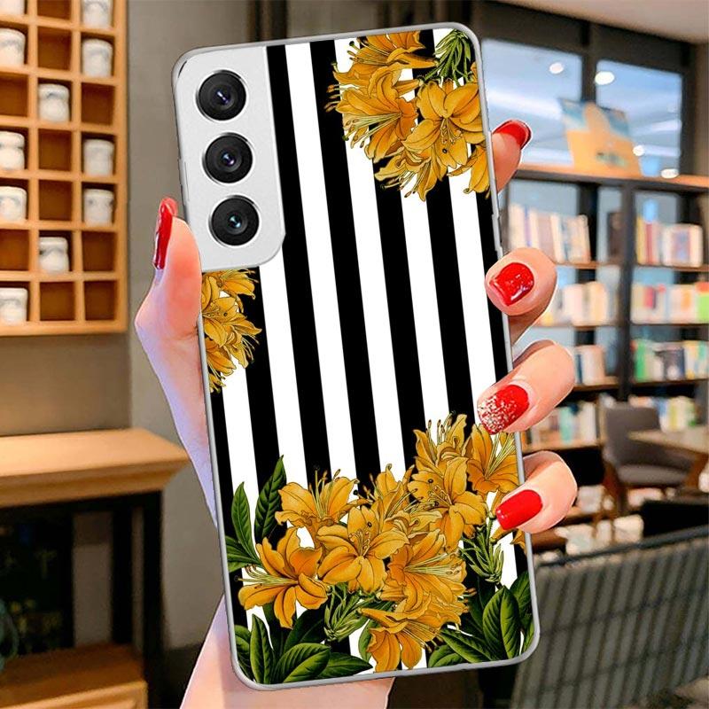 Черно-белые полосы Цветочный чехол для телефона Samsung Galaxy S26 S25 Edge S24 Ultra S23 S22 Plus S21 S20 FE Мягкий чехол-бампер