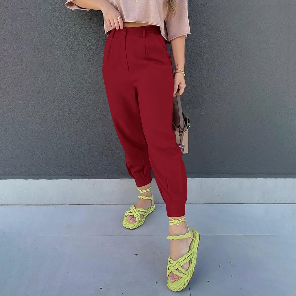 Women's Summer High Waisted Pants Casual Length Work Trouser Slacks With Pockets