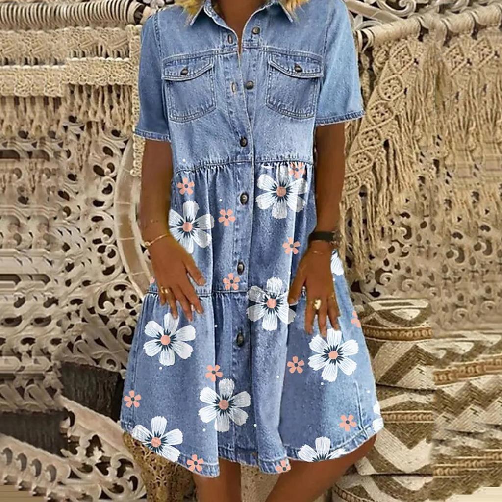 Women's Summer Fashion Casual Splicing Multi-button Multi-pocket Denim Skirt