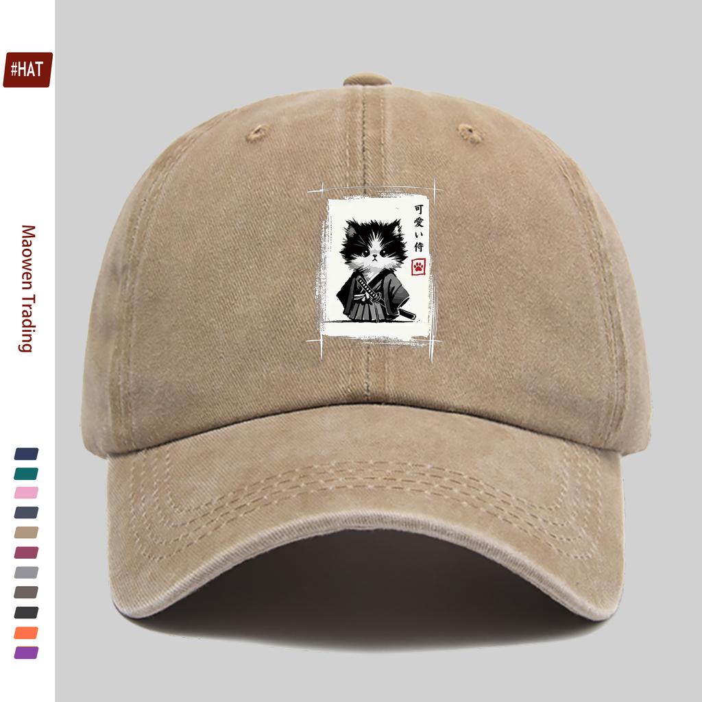 pc Samurai Cat Japanese Art Ink Wash Painting Novelty Cute Funny Cat Print Baseball Cap with Adorable Cat Pattern Design Sun Ha