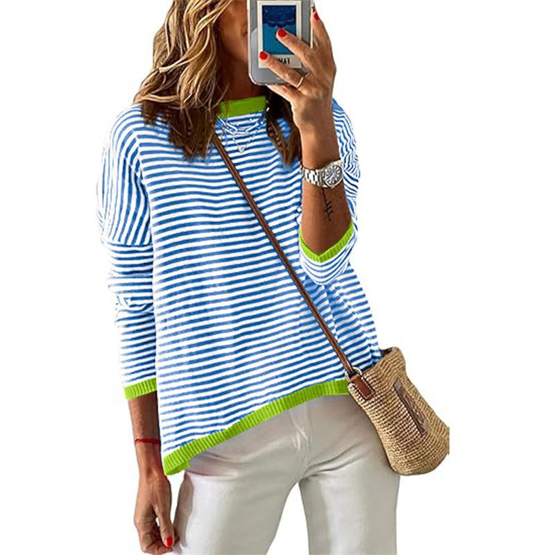 Повседневный полосатый контрастный цвет с длинными рукавами и круглым вырезом женская одежда свитер