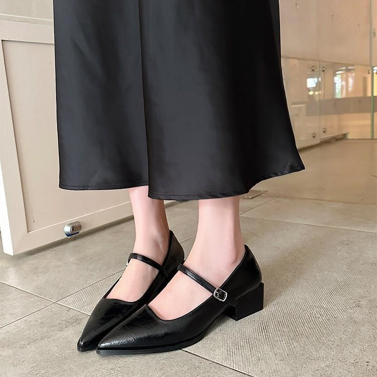 Версия из коровьей кожи~ Остроносые туфли с характером 2025 новая весна-осень пряжка-ремешок открытый носок черный офисные туфли на толстом каблуке женские