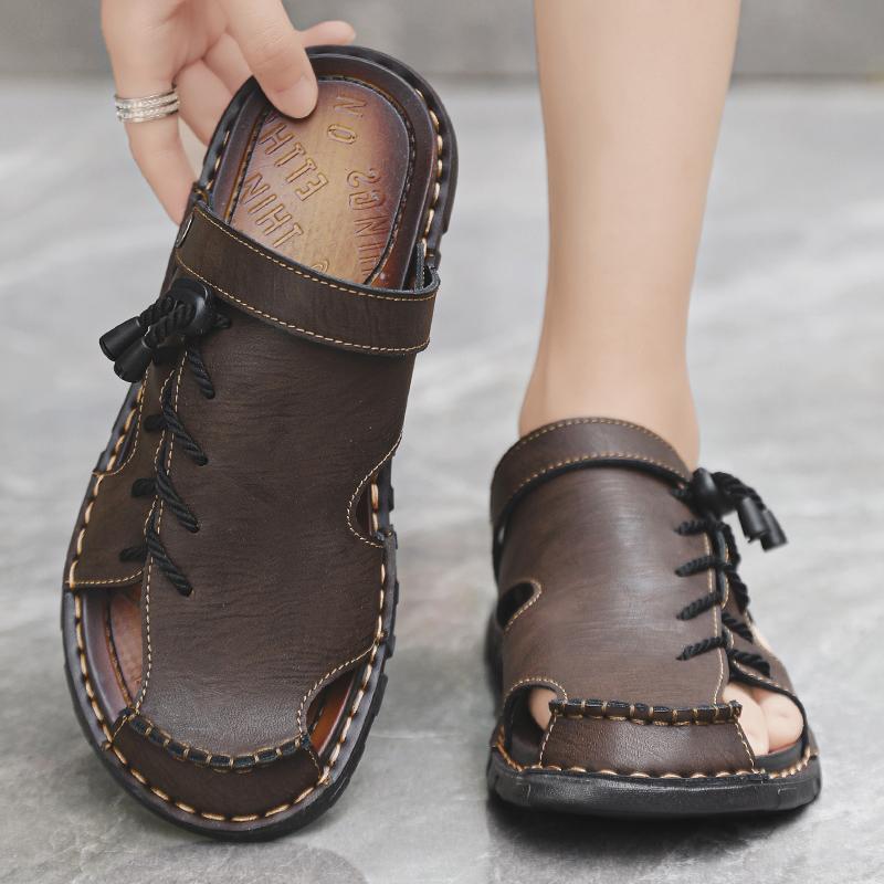 Men Leather Water Beach Sandals Summer Outdoor Casual Closed Toe Sports Sandals Non Slip Soft Hiking Wading Sneakers Comfortable