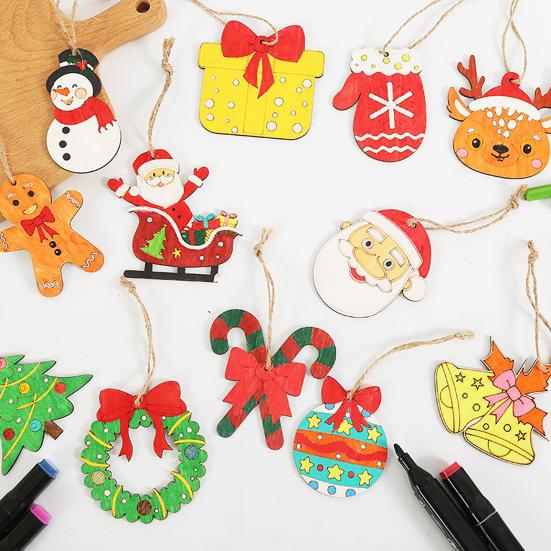 12 Pcs Wooden Christmas Ornaments To Paint DIY Blank Unfinished Wood Reindeer Santa Claus Christmas Tree Bell Wreath Cutouts for Winter Hanging