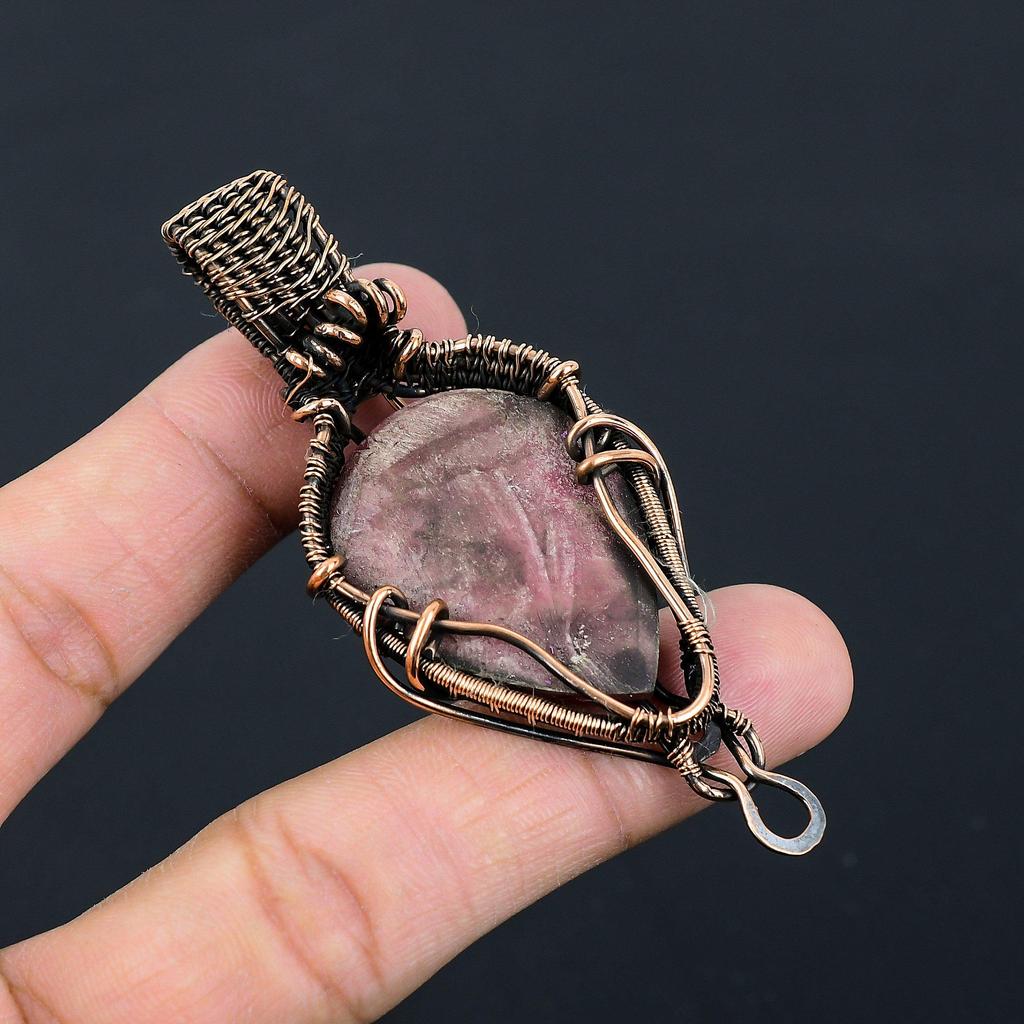 Rhodonite Gemstone Pure Copper Wire Wrapped Handmade Pendant Jewelry