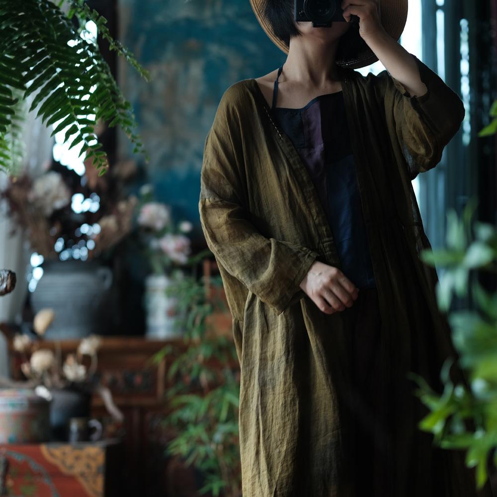 Johnature Women Vintage Trench Solid Color Long Sleeve Autumn Coats V-Neck Chinese Style Cardigan Trench