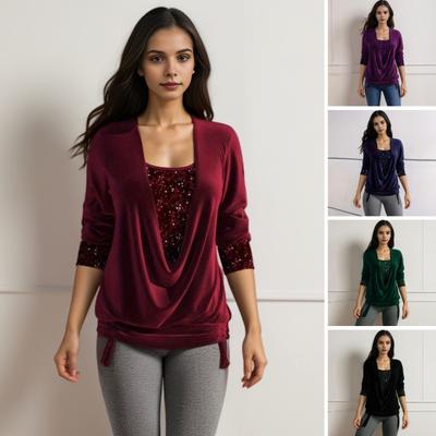 Женские бархатные топы с воротником-стойкой, длинным рукавом, завязками на подоле, присборенными пуловерами, однотонные