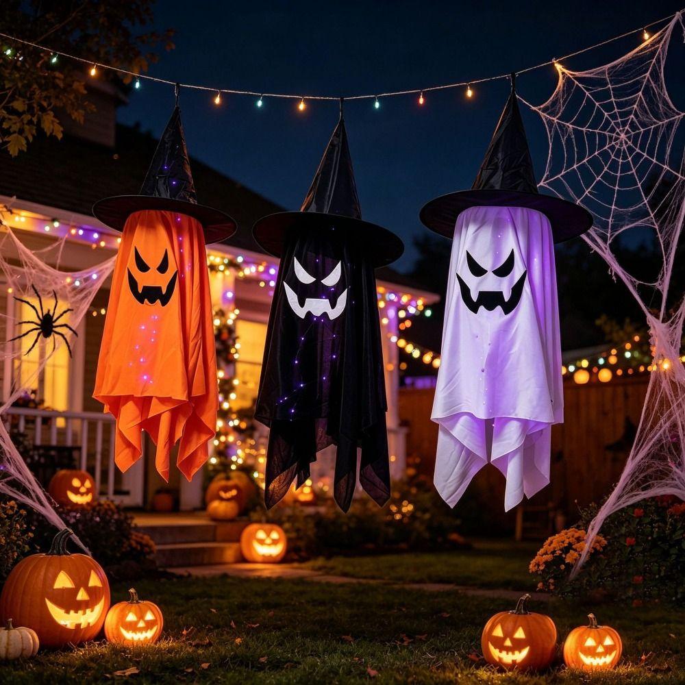 String Lights LED Hanging Ornament LED Lighted Witch Hat Ghost Decor Party Decoration