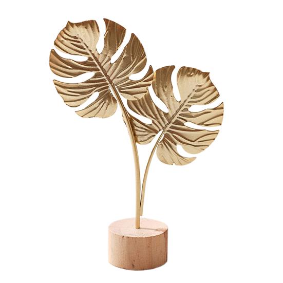 Golden Ginkgo Leaf Decoration with Wood Base Metal Feather Leaves Snowflake Figurine Statue Sculpture Home Office Living