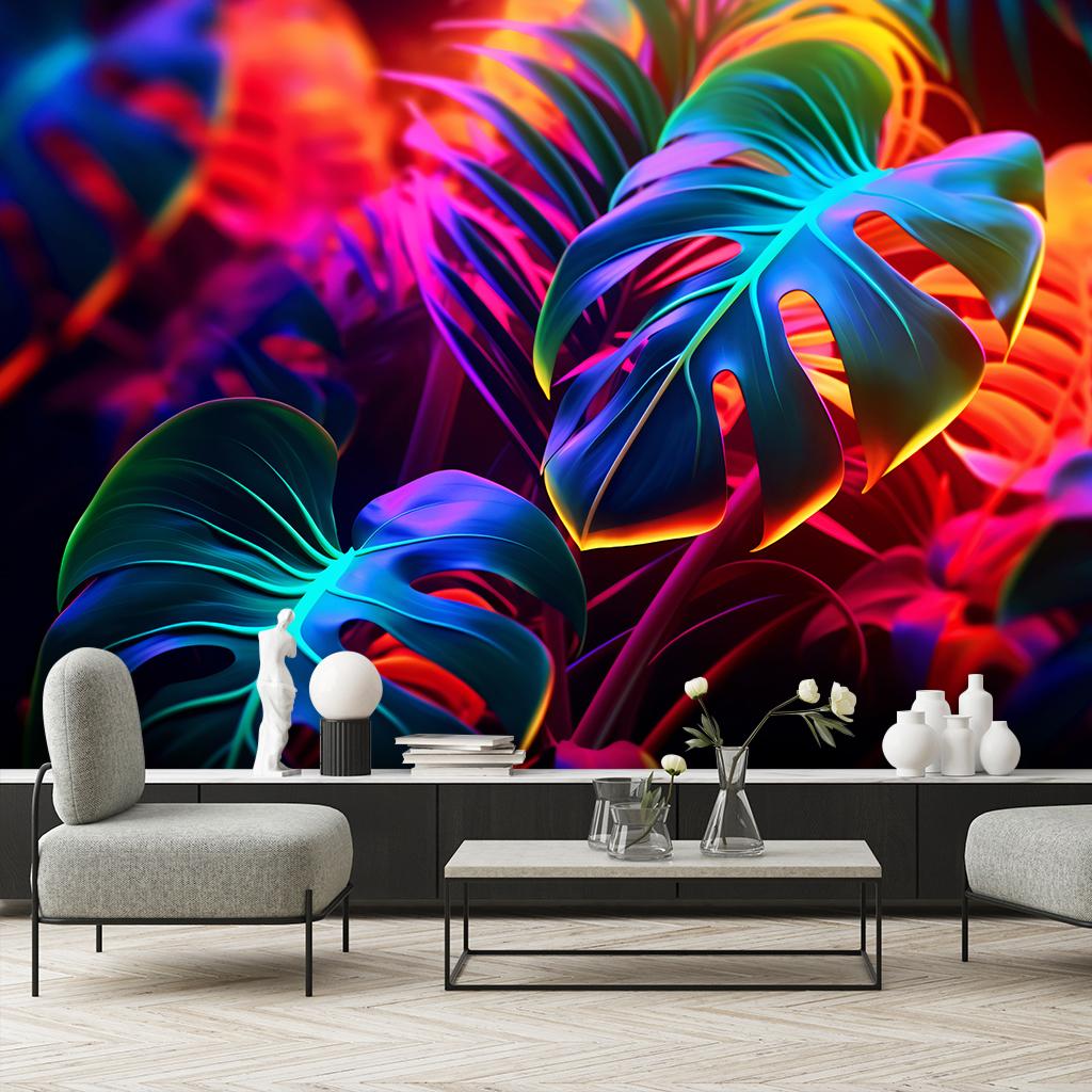 Wallpaper Monstera leaves in neon colors