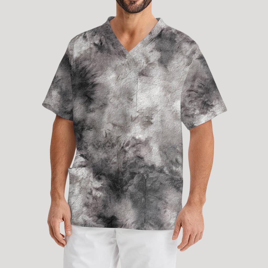 Мужская рабочая блузка с короткими рукавами и v-образным вырезом с принтом, топ с нагрудным карманом