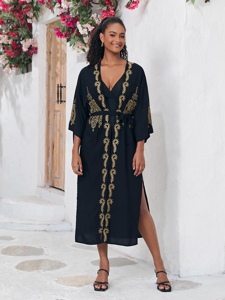 Beach Kimono Gold Embroidery Cover Ups for Swimwear Self Belted Swimsuit Cape Wrap Dresses Holiday Bathing Suits