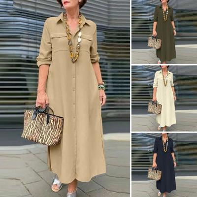Женское платье с отложным воротником, свободное однотонное однобортное платье трапециевидной формы с длинным рукавом и нагрудным карманом, мягкое дышащее платье до щиколотки, весенне-осеннее платье макси