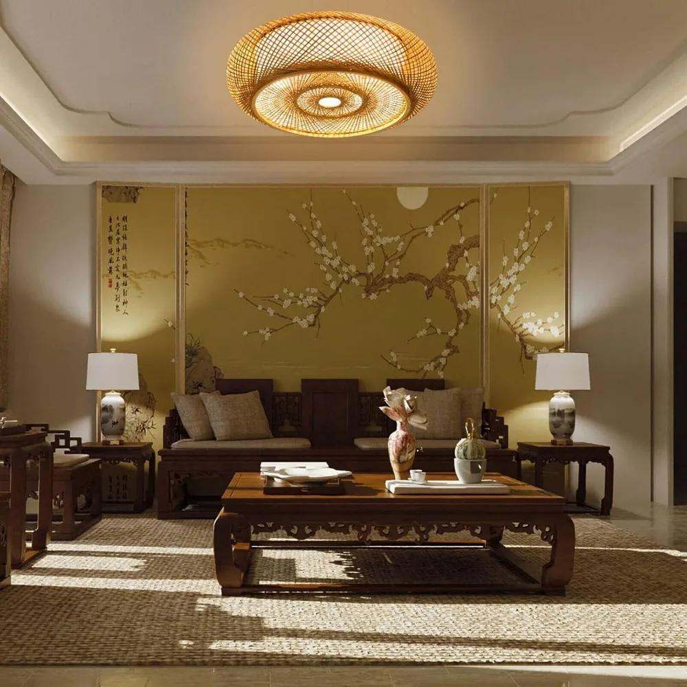 Vintage Hand-woven Bamboo Ceiling Light Wicker Light Fixtures Rattan Flush Mount Ceiling Light Traditional Home Decoration Lamps