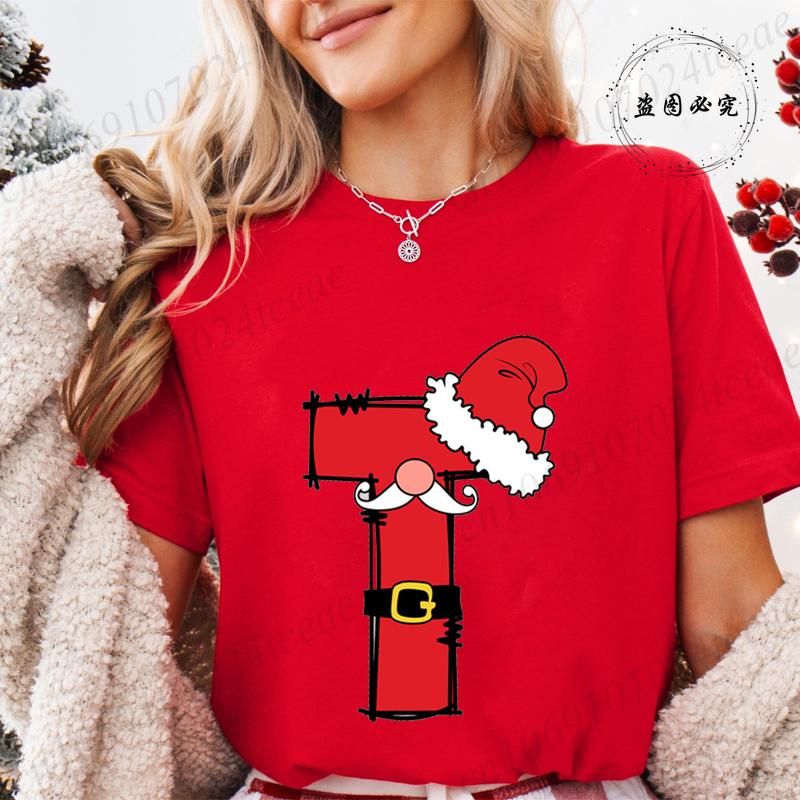 Summer Y2k Women T-shirt Christmas Santa Alphabet A~Z Printed Female Clothing Short Sleeve Tops Christmas Santa Party Tee Shirts