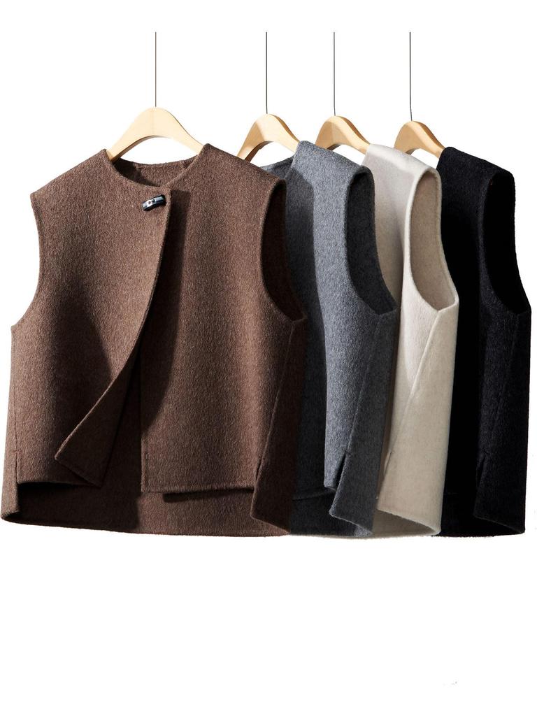 Women's 2025 Asymmetrical Gray Wool Vest - Round Neck, Button-Up, Sleeveless for Spring & Autumn Fashion