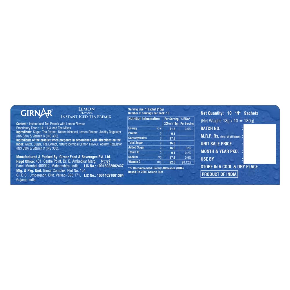 Girnar Мгновенный холодный чай Лимон Премикс 10 пакетиков Веганский Без кофеина Освежающий холодный напиток Упаковка 1 порция