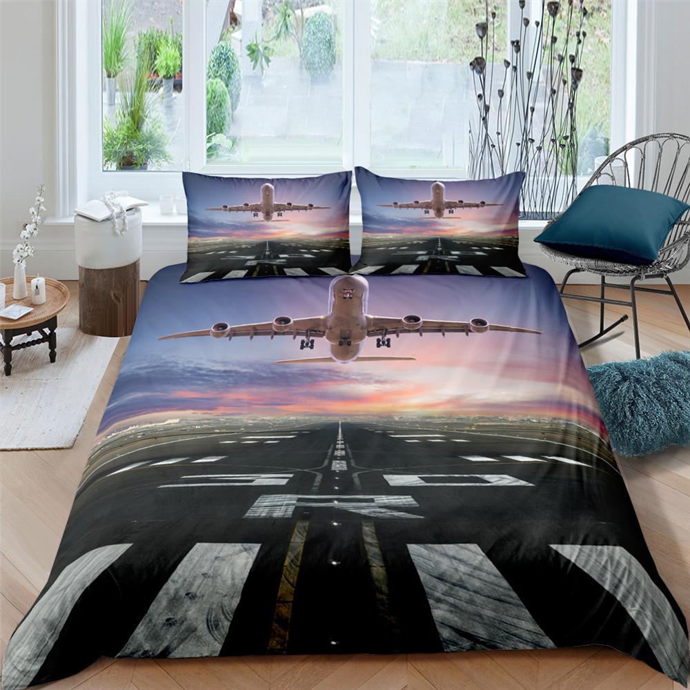 3D Aircraft Bedding Set, Transportation Tools, Quilts, Pillowcases, 2/3 Pieces, DE135 * 200, Boys' Room, Full Size, Soft, Zippered Bedroom Decoration