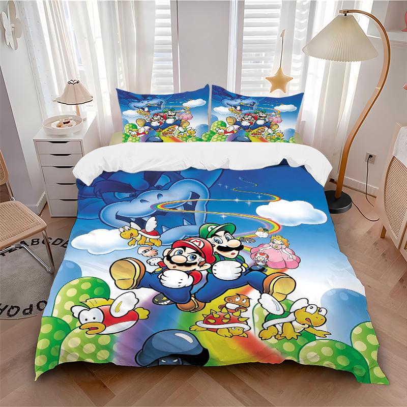 Постельное белье с принтом персонажей Mario Bros, 3 предмета (1 Пододеяльник + 2 Наволочки, Без Наполнителей), Этот постельный комплект с принтом мягкий и удобный, С