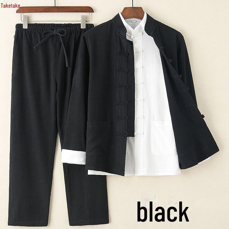 Костюм Тан Весна-Лето: Хлопково-льняной костюм-тройка в китайском стиле с воротником-стойкой на пуговицах