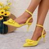 Fashion Bowtie Decor High Heel Sandals Women Fashion Yellow Flock Pointed Toe Dress Sandals Plus Size Ankle Buckle Thin Heeled Sandls