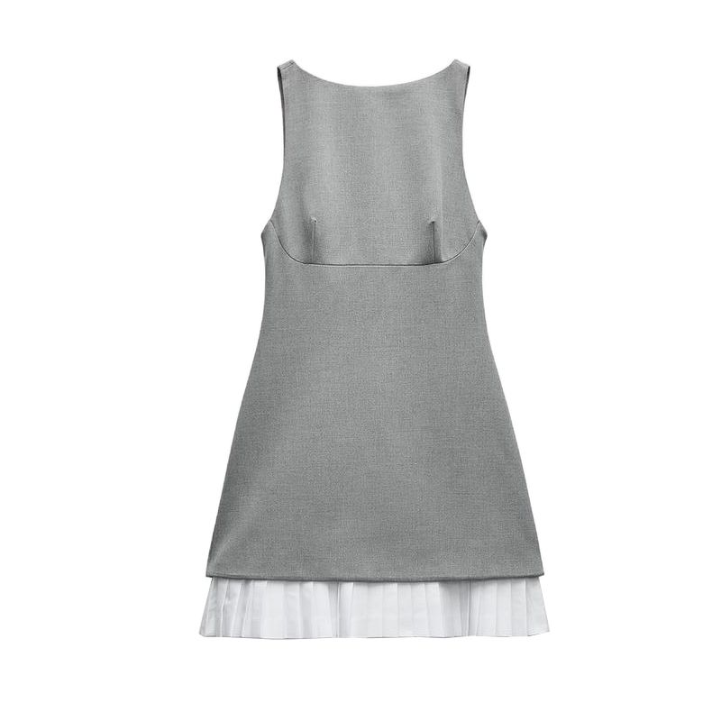 Spring and Summer New Women's Clothing Minimalist Sleeveless Boat Neck Wide Pleated Hem Poplin Patchwork Short Dress 2305554