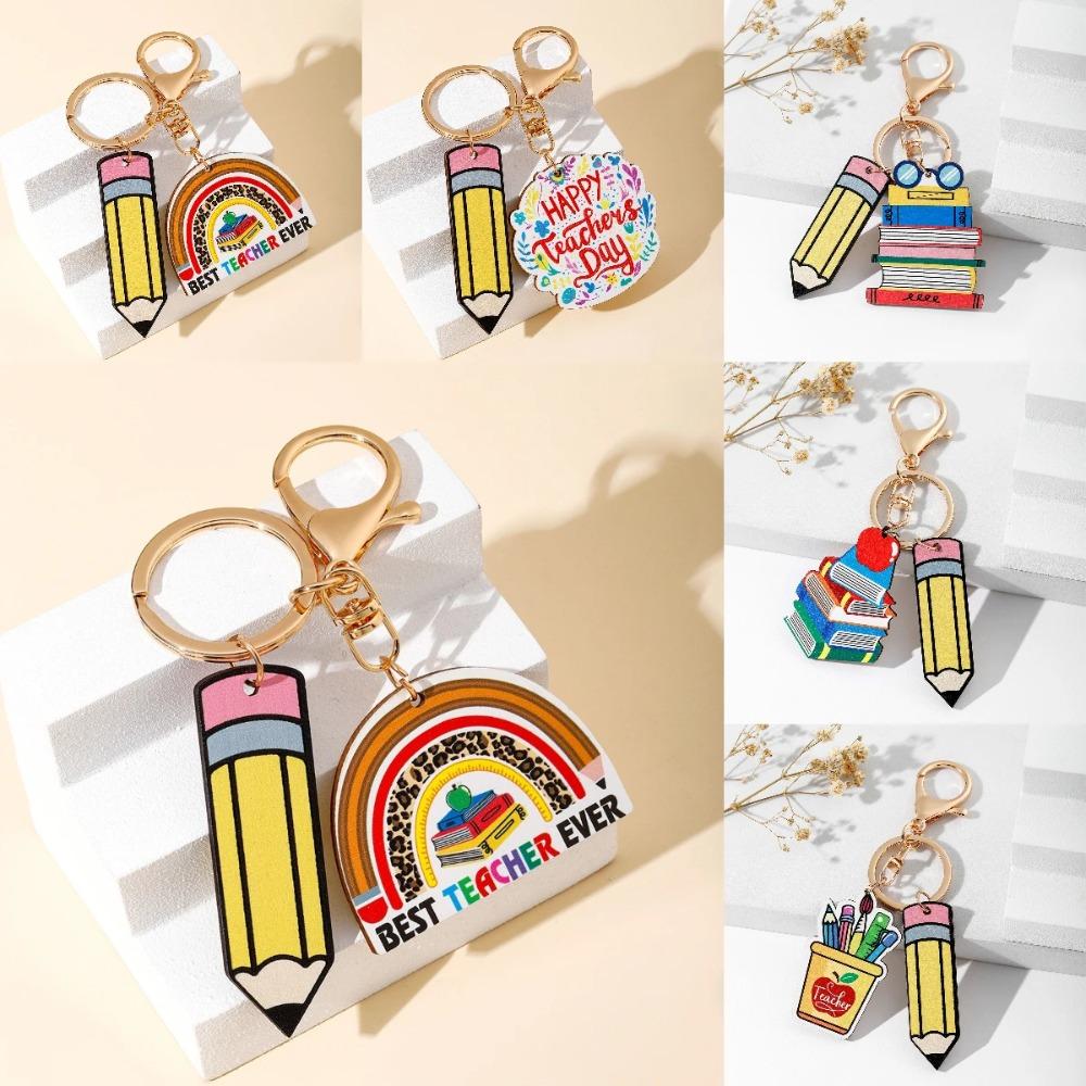 Wooden Teacher's Day Keychain Geometric Shape Teacher Education Pendant Teacher's Day Gift