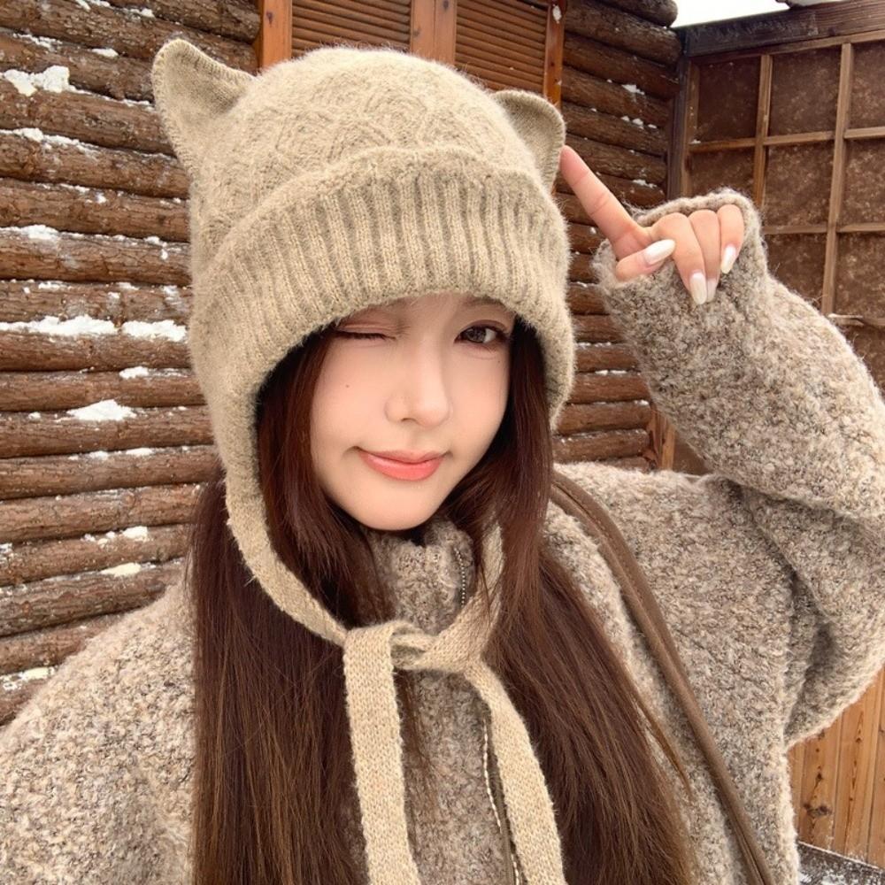 Windproof Cat Ear Knit Hat 3D Cat Ear Head Cover Durable Soft Beanie Outdoor