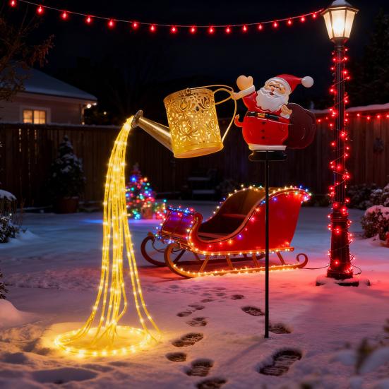 Solar Lights Outdoor Santa Watering Can Kettle Lights LED Fairy Lights Waterproof Metal Garden Lantern for Yard Patio Lawn Pathway