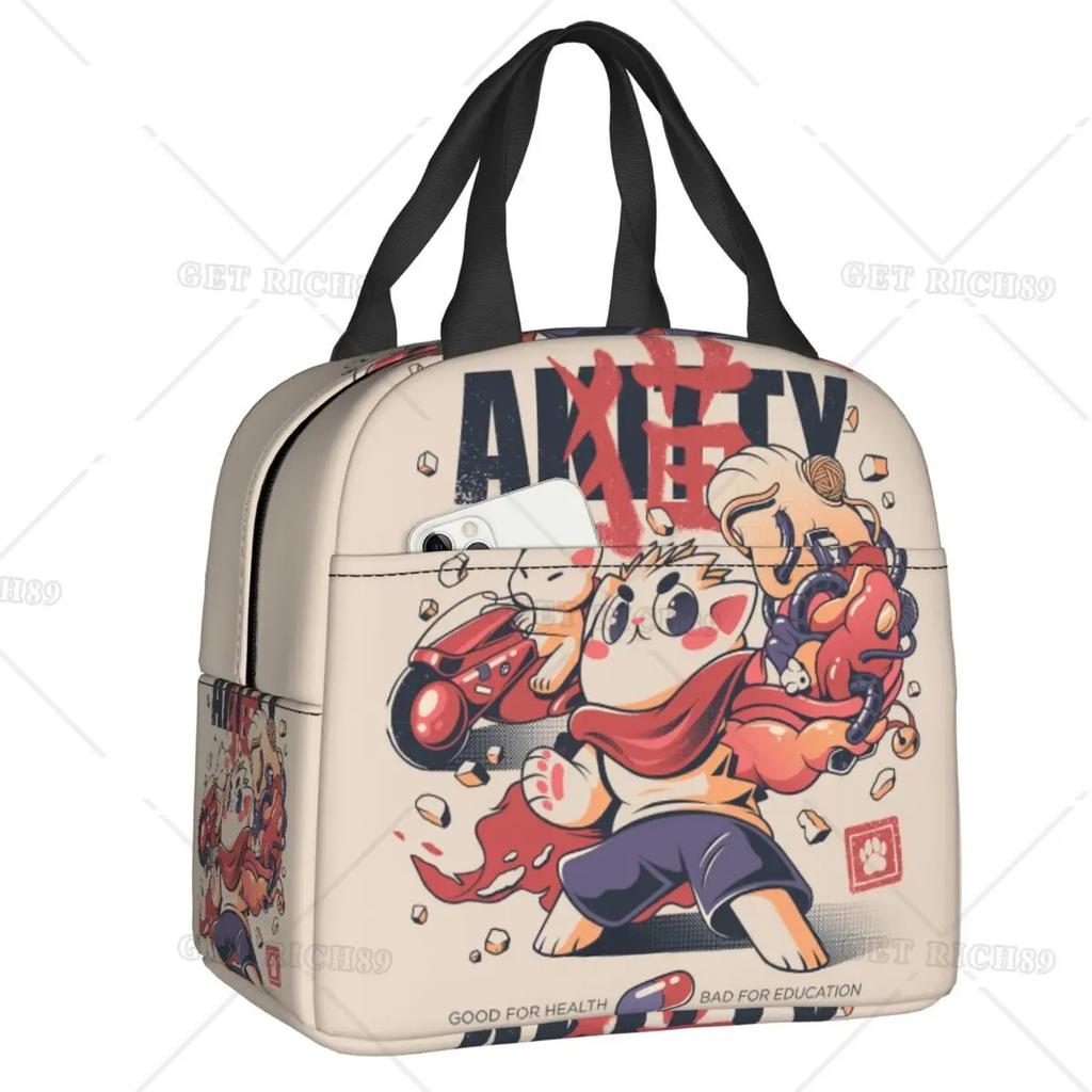 Satanic Cat Insulated Lunch Bag Waterproof Thermal Cooler Lunch Box with Side Pocket for Women Men Kids Camping Travel