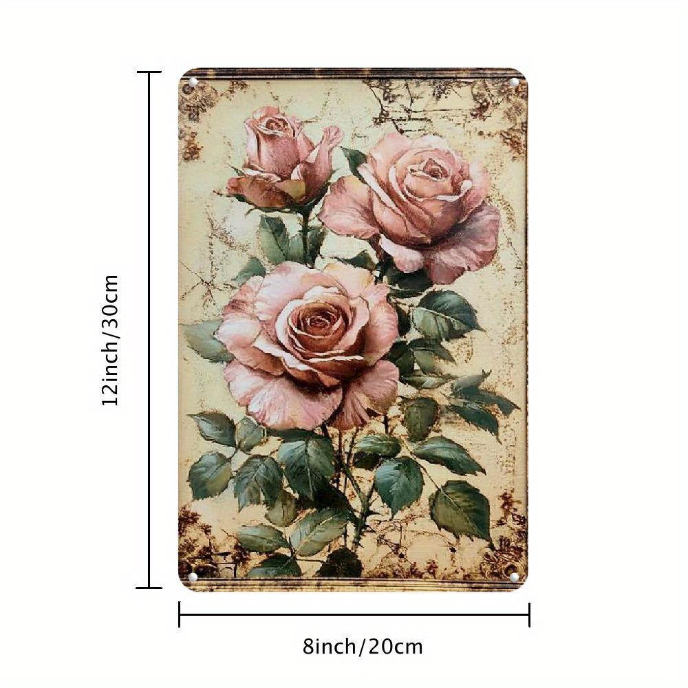 2D Flat, 1pc Vintage Valentine'S Day Rose Metal Tin Sign - 8x12 Inch Floral Wall Art with Pink Roses & Green Leaves, Rustic Iron