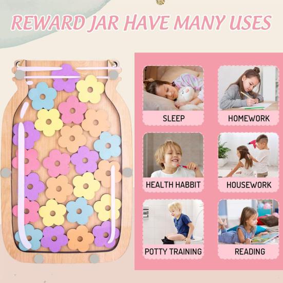 Wooden Reward Jar with 25 Colorful Stars Flowers Kids Students Potty Training Positive Behavior Chart System Home Classroom Management Tool