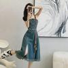 2024 Spring/Summer Women's High-Waist Denim Tube Top A-Line Midi Dress