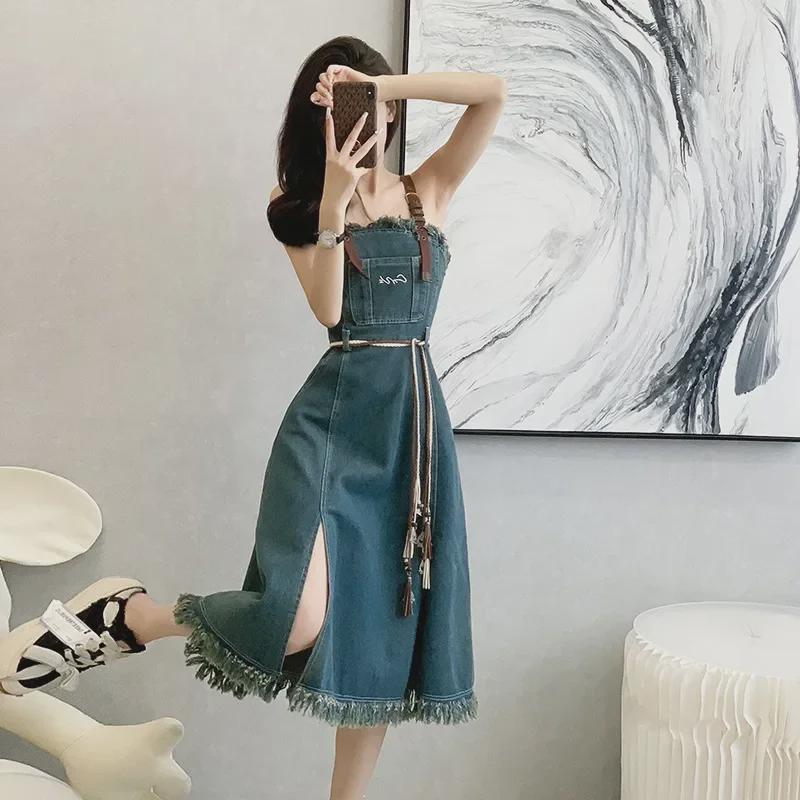 2024 Spring/Summer Women's High-Waist Denim Tube Top A-Line Midi Dress