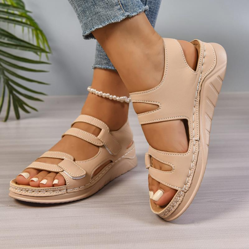 Повседневные сандалии на липучке с вырезами телесного цвета Женские 2025 Лето Круглый носок Клиновидный каблук Сандалии Удобная мягкая подошва Нескользящие Туфли для мамы