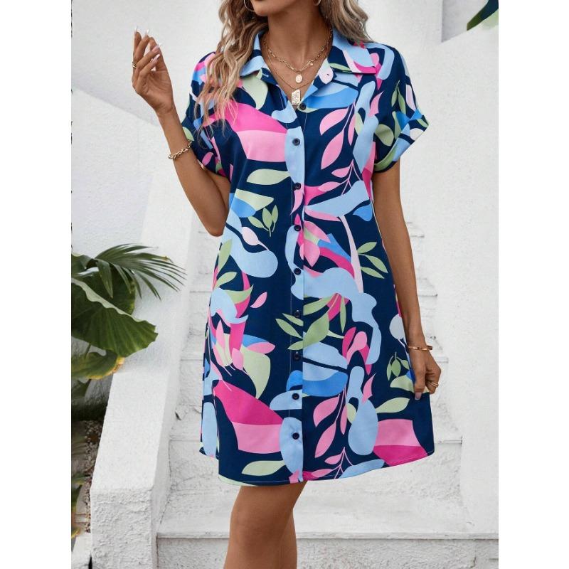 YYFS Женская мода лето весна цветочный узор принт короткий рукав ПОЛО шеи Высокая талия повседневные платья