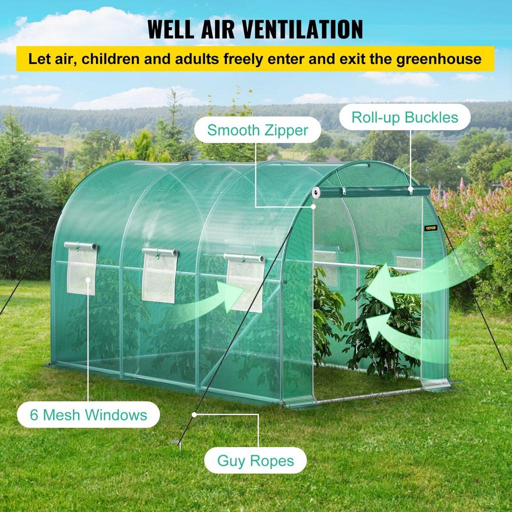Walk-in Tunnel Greenhouse, 12 x 7 x 7 ft Portable Plant Hot House w/ Galvanized Steel Hoops, 1 Top Beams, 2 Diagonal Poles, 2 Zippered Doors & 6