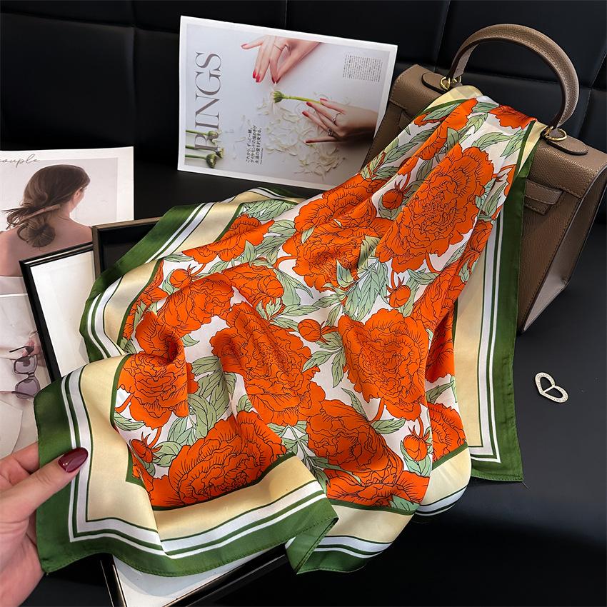 Peony Flower Small Silk Scarf Satin Versatile Scarf Thin Sunscreen Headscarf 70Cm Simulated Silk Square Scarf