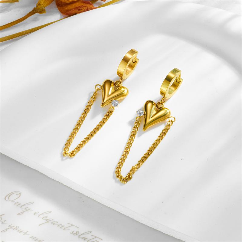 Gold Plated 3D Heart Chain Tassel Drop Earrings with Cubic Zirconia for Women Stainless Steel