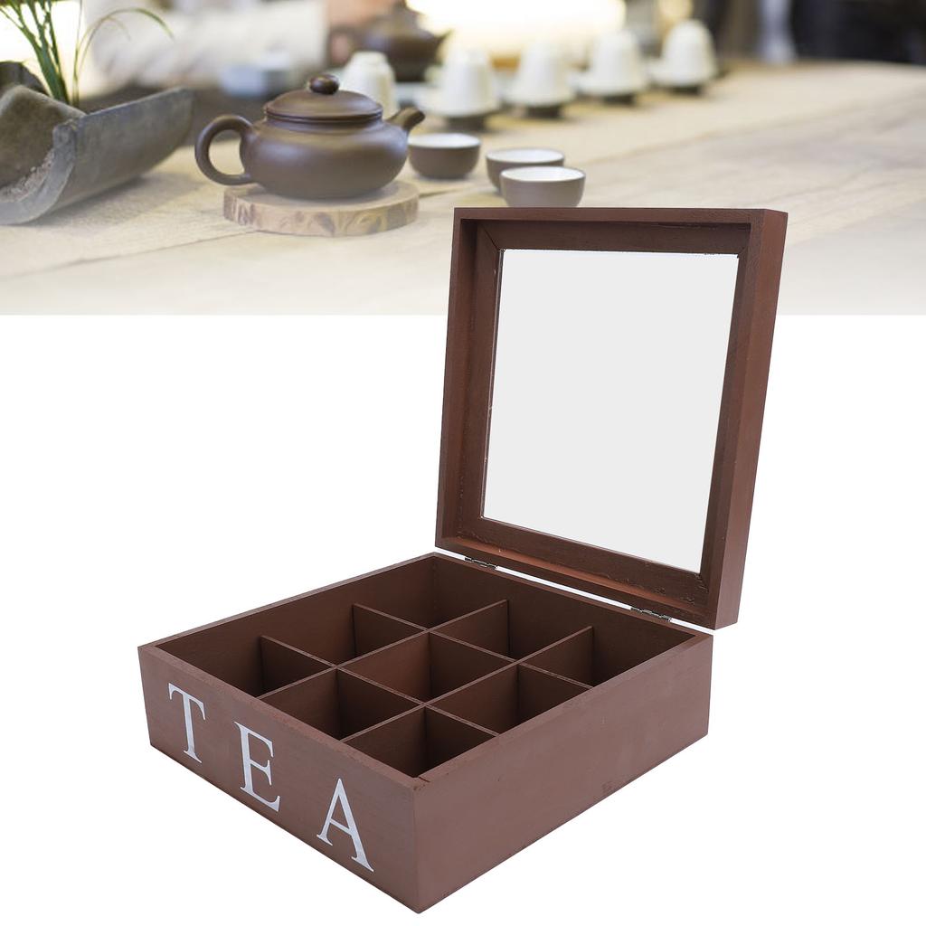 Wooden Tea Storage with Clear Acrylic Top Window 9 Compartments Eco Friendly Tea Bag Holder Multi Functional Storage Box
