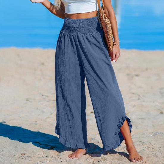 Женские повседневные брюки, плиссированные, эластичные, с высокой талией, широкие длинные брюки с карманами, манжетами-оборками, свободные брюки для отдыха