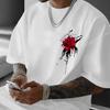 Men's Summer 100 Cotton Fashionable Casual Sports Loose and Eye-catching Red Rose Printed Round Neck Short Sleeved T-shirt Top