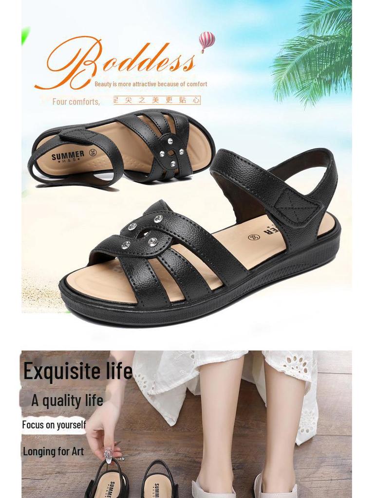 Сандалии со стразами на липучке: Модная, дышащая летняя обувь для женщин среднего возраста и пожилых бабушек.