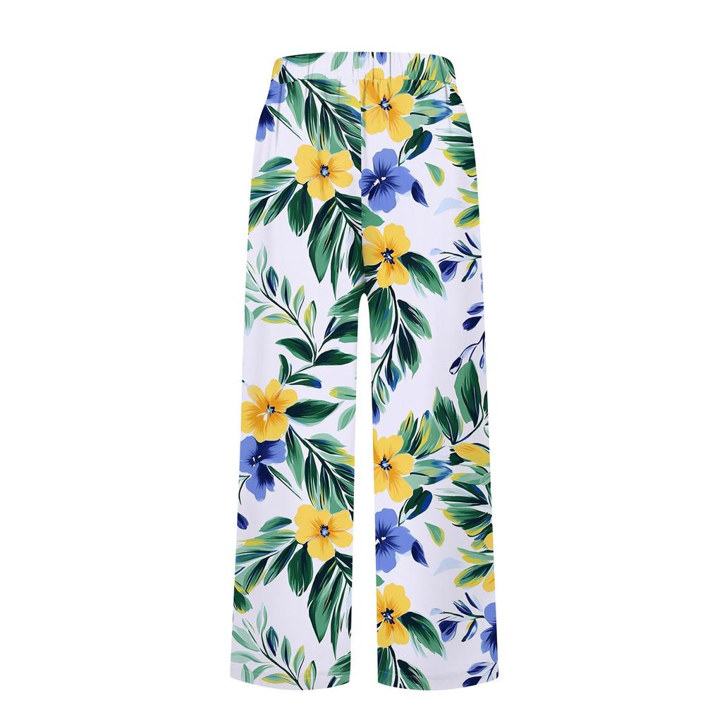 Women's Fashionable Floral Print Straight Leg Pocket Elastic Waist Casual Pants Pants