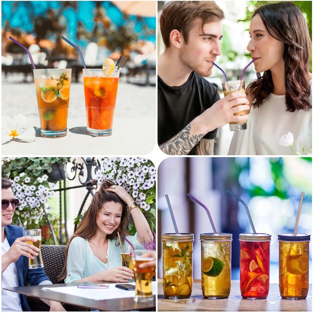 8 шт. металлических многоразовых трубочек из нержавеющей стали 304, прямые изогнутые трубочки для питья с щеткой для чистки мешка, аксессуар для бара на вечеринку