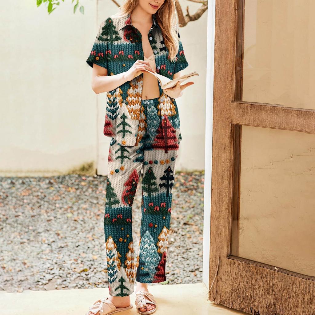 Women's Christmas Print Pajama Set Women's Short Sleeve Long Pants Two-piece Set Button-up Home Clothes