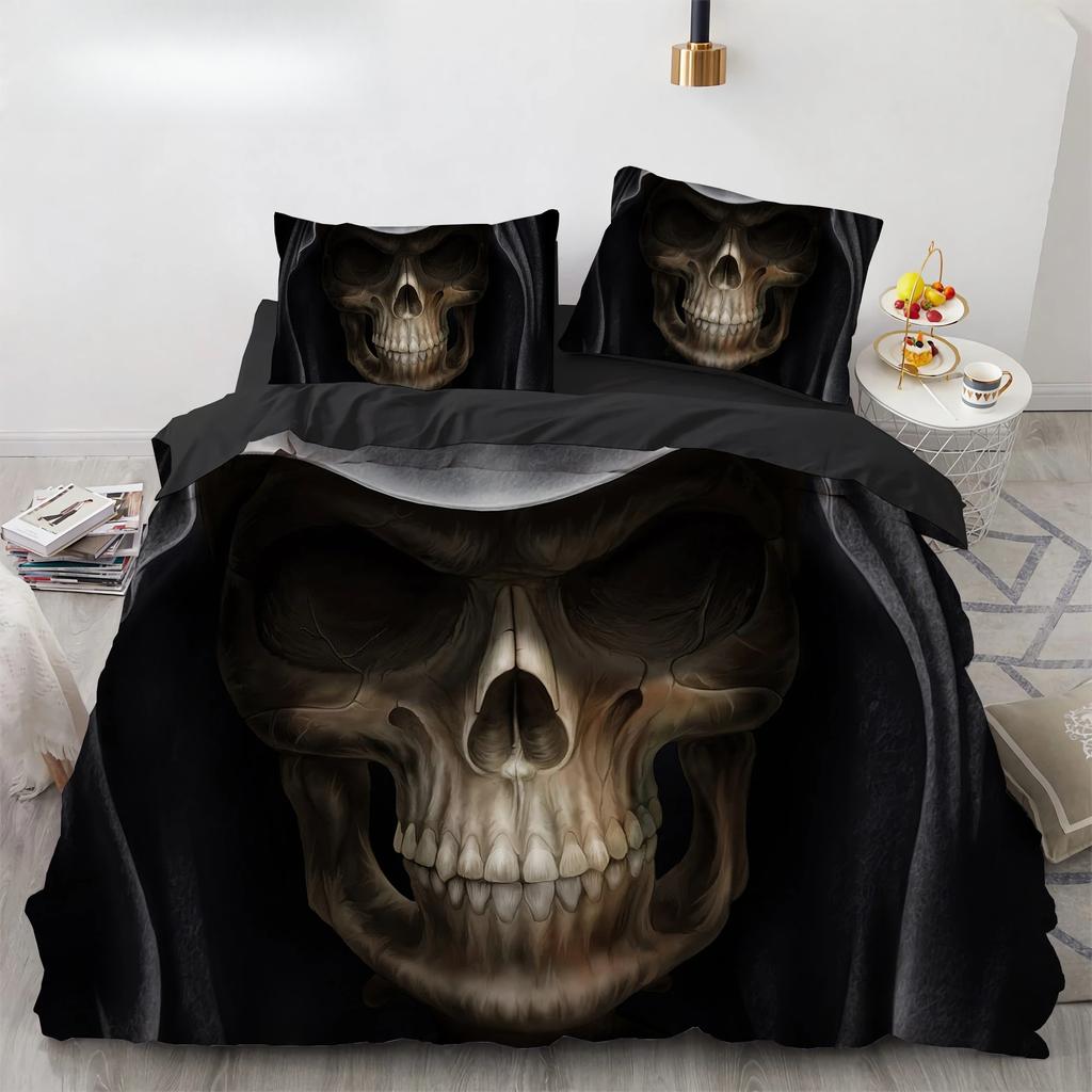 Комплект постельного белья Black Hat Skull Queen Size Хэллоуин Комплекты пододеяльников Современный стиль Спальный комплект постельного белья Чехол для одеяла Наволочки