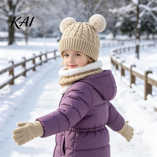 Thermal Fleece Lined Winter Accessories Kids Warm Knit Set, Bear Ear Hat, Neck Gaiter & Soft Acrylic Gear for Children Full Finger Gloves, Thick Cold