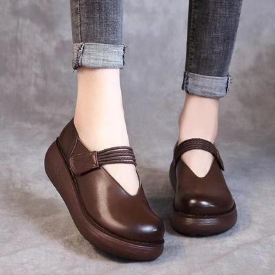 Осенняя пустошь женская обувь новая мягкая подошва круглый носок маленькие кожаные туфли толстая подошва ретро одинарные туфли